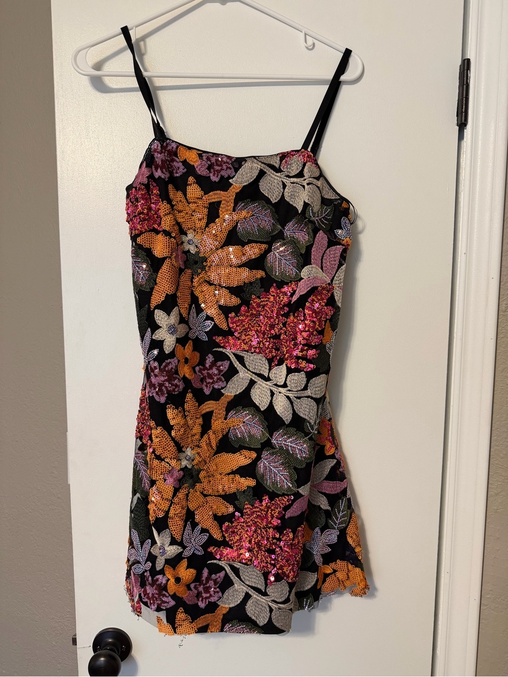 BLUE B Collection Floral Sequin Black Slip Dress with Pink and Orange Blooms